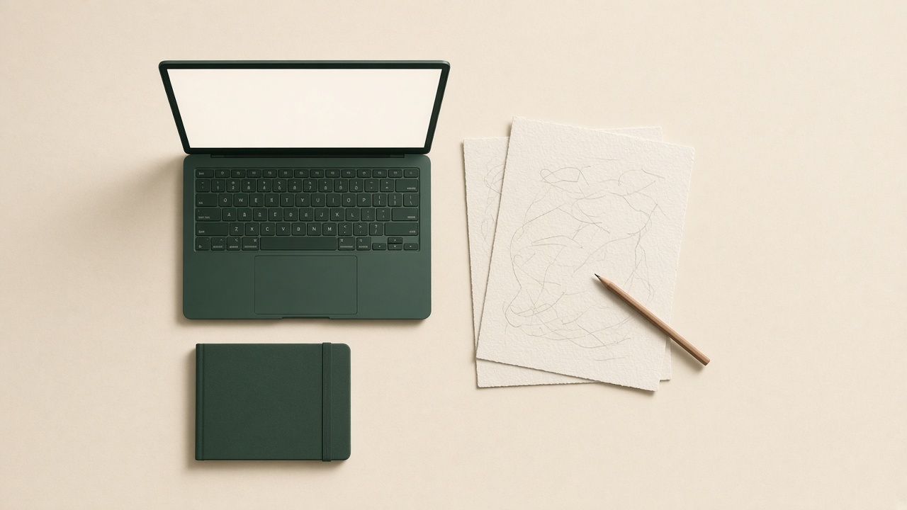 Overhead view of a plain desk with an open laptop and a few loose sheets of paper with faint marks beside it.